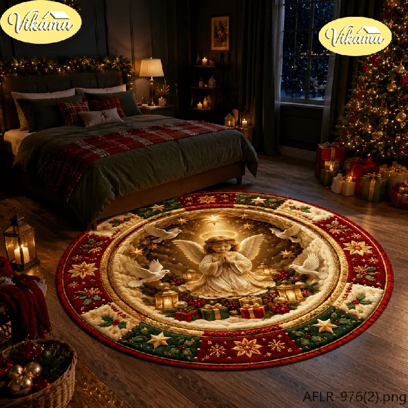 VIKAMA Round Christmas Rug Tree White Dove Gifts Print, Soft Plush Flannel Non-Slip Mat for Living Room Home Holiday Decor