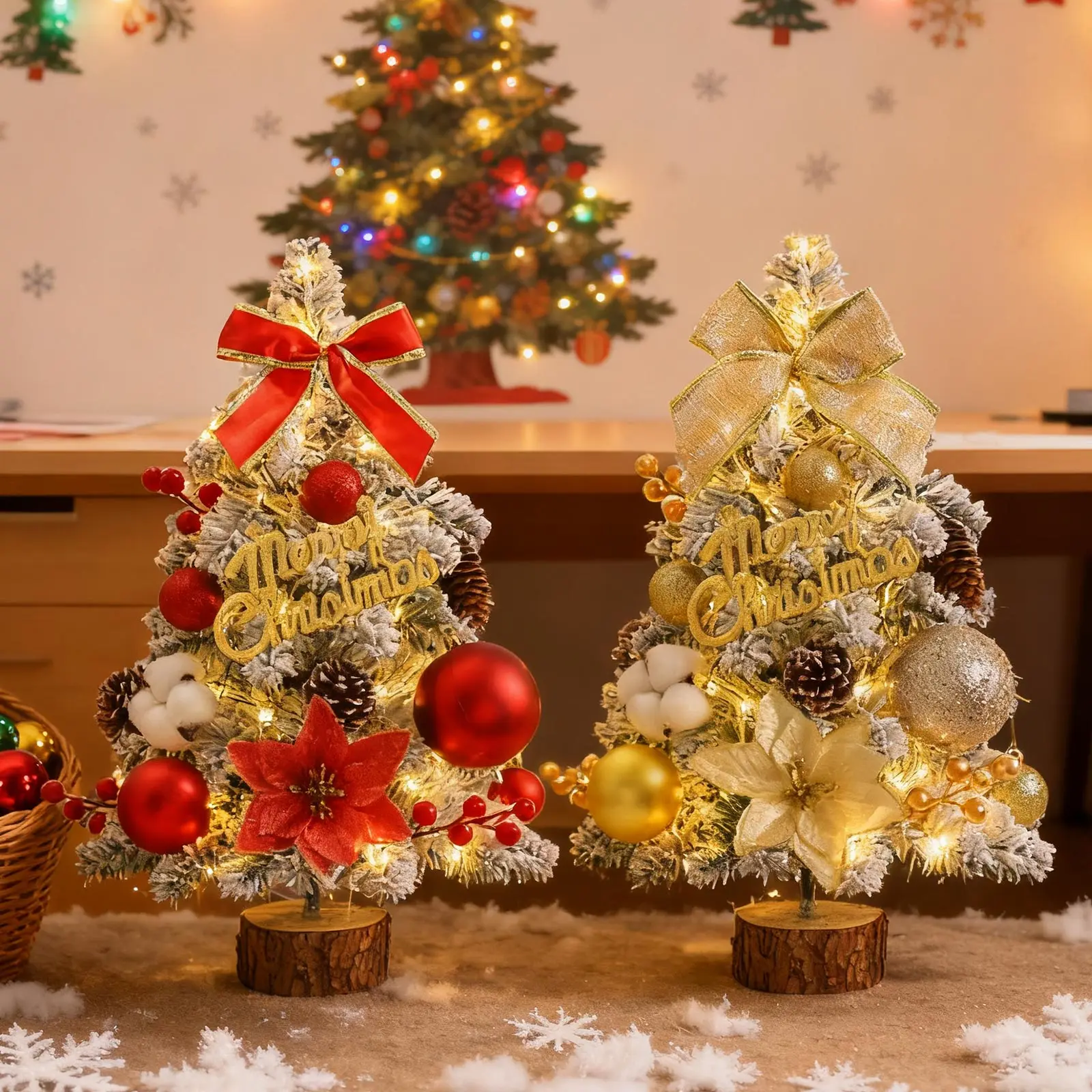 

Exquisite Miniature Artificial Christmas Tree Table Ornament Desktop Xmas Trees with Wooden Base and String Lights Party Decor