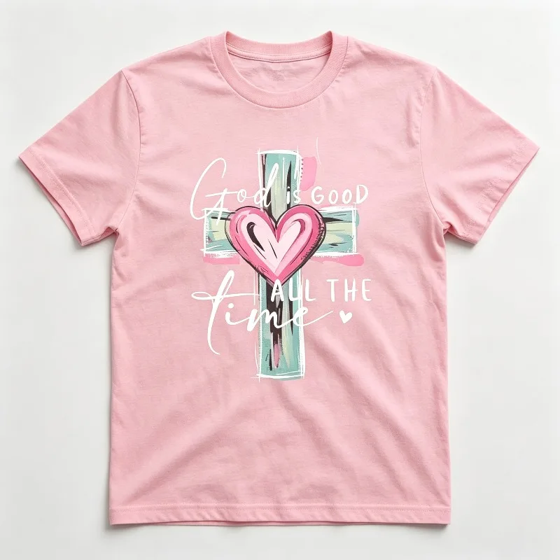 God is good all the time T-Shirt for Women Cross Heart Graphic Print Casual Cotton Top Christian Faith Inspirational Female Tee