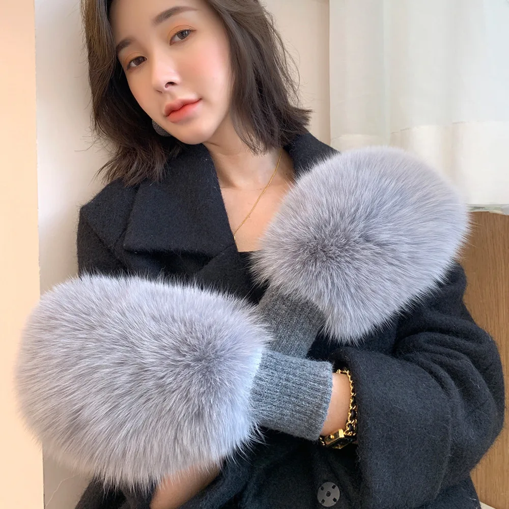 Women Real Fox Fur Cuff Gloves Winter Warm Fluffy Plush Faux Fur Wrist Cuffs Fashion Thick Knitted Lined Hand Warmers For Ladies