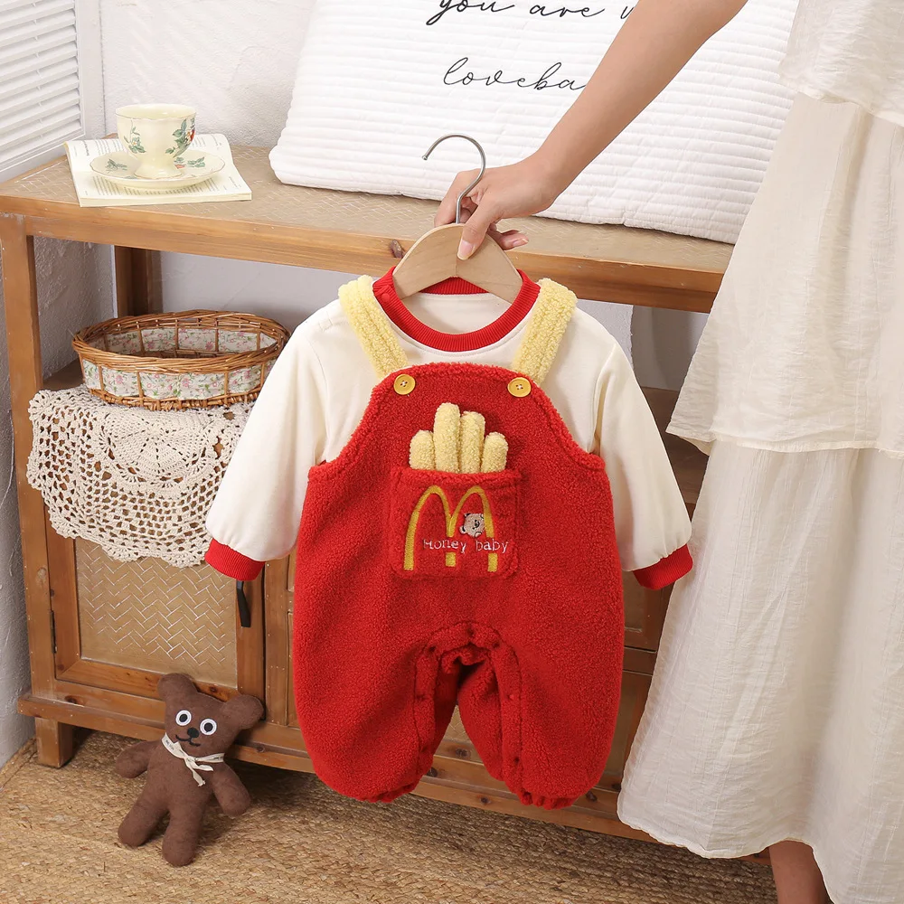 French Fries Baby Onesie Winter Thermal Windproof Jumpsuit Cute Overalls + Fleece Top Outwear Girl Boys Photoshoot Costume 0-2