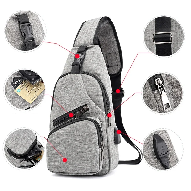 Bolso cruzado para hombre con interfaz de carga USB, bolso deportivo de tela para el pecho, senderismo al aire libre, viaje, bolso informal para ciclismo