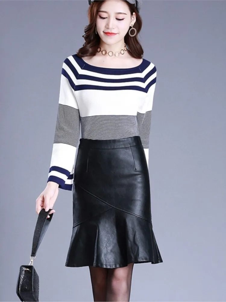 Women High Waist Black PU Leather Fishtail Skirt Autumn Winter Office Lady Elegant Chic Slim Casual Short Bodycon Skirts