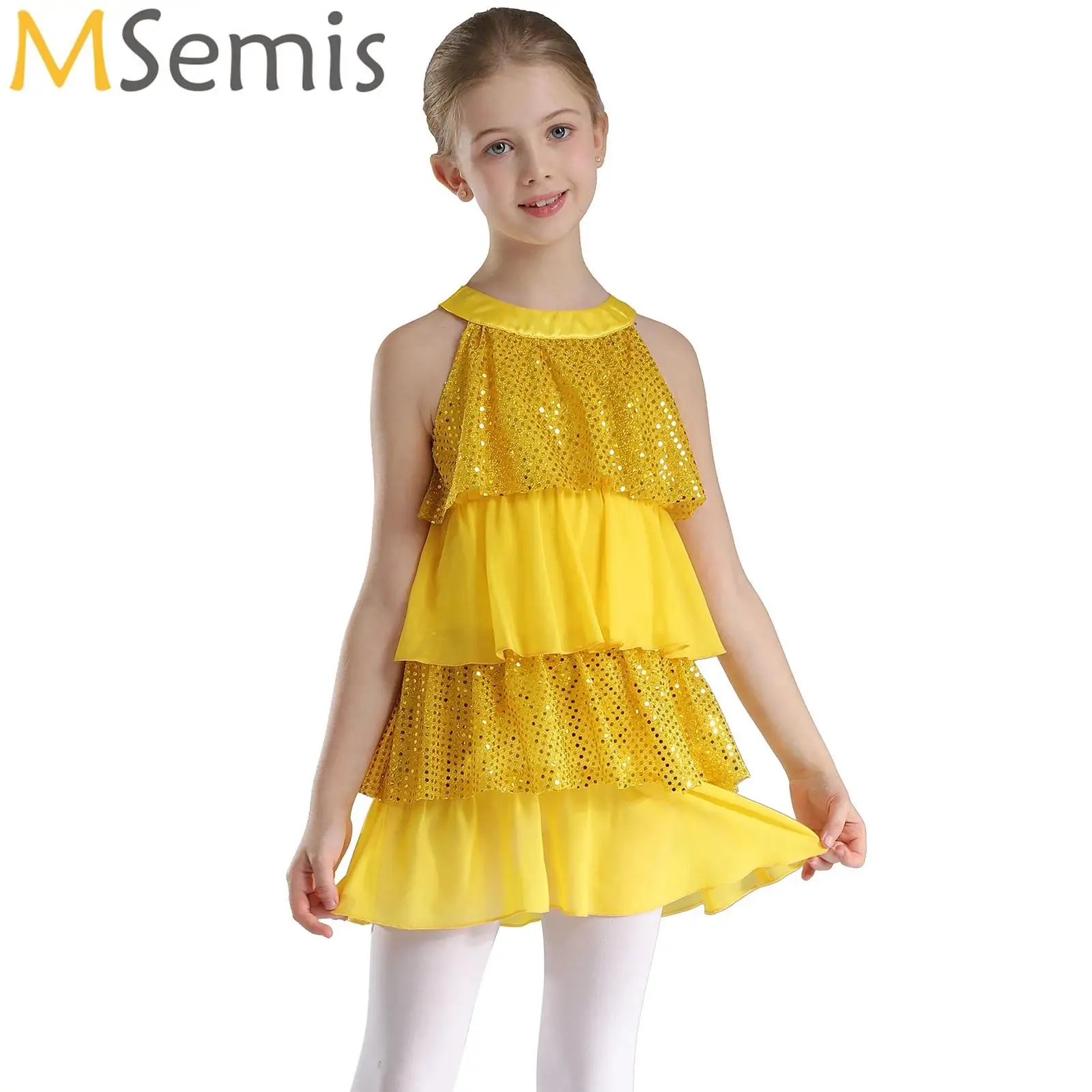 Kids Girls Shiny Sequins Jazz Latin Ballet Dance Costume Modern Lyrical Tiered Ruffled Dress Stage Performance Dancewear