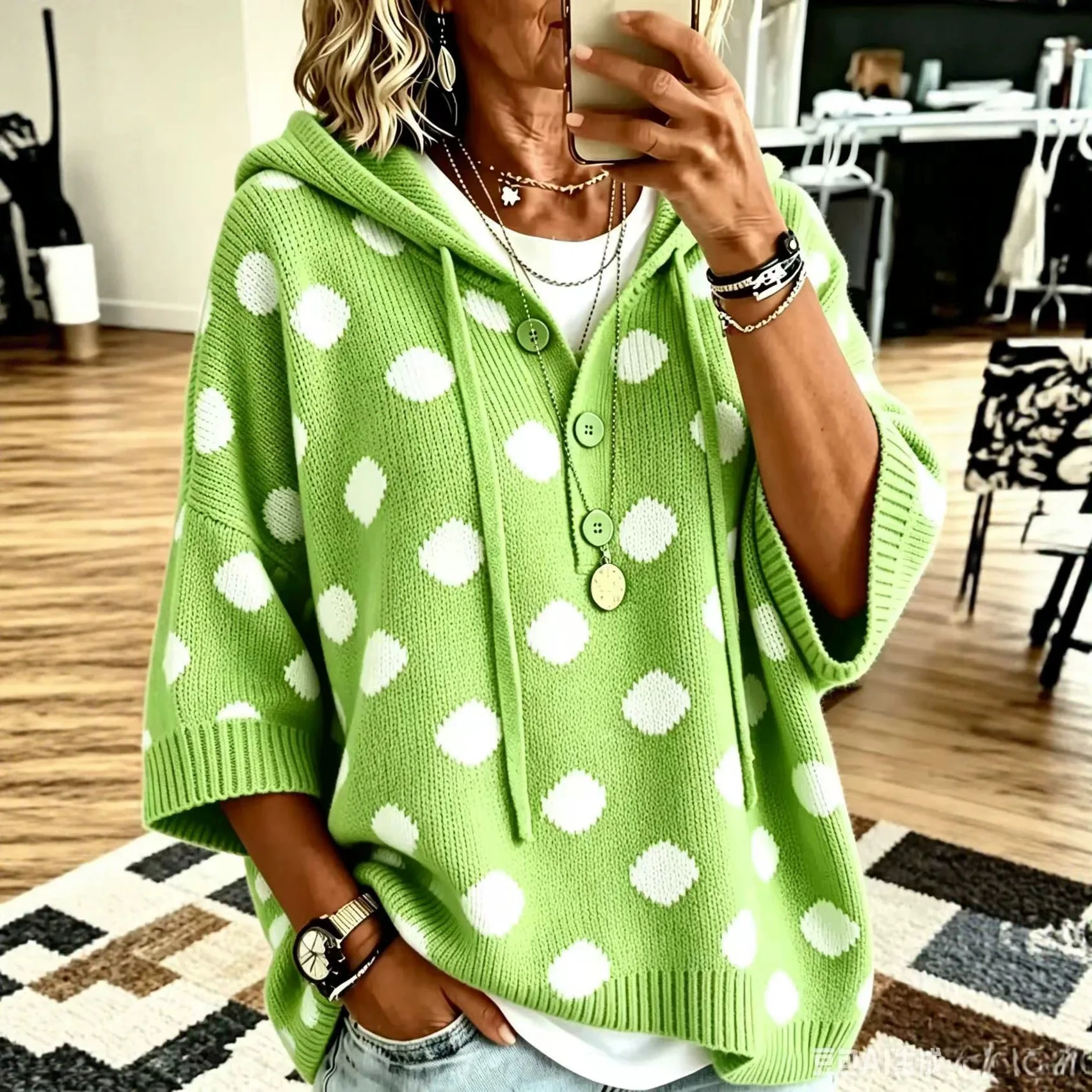 

2026 New Elegant Loose Casual Style Hot Polka Dot Hooded Women's Wool Sweater Tops for Women