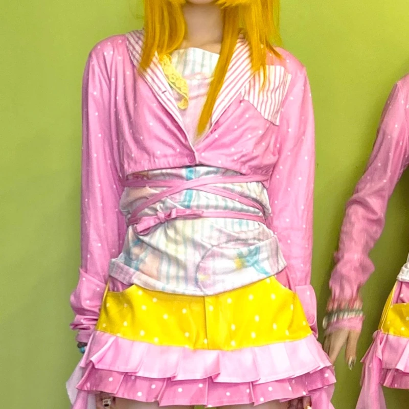 Original Design Pink Polka Dot Striped Splicing Lace-up Women's Jacket Spring Summer Autumn Sweet Cute Retro Short Coat Ladies