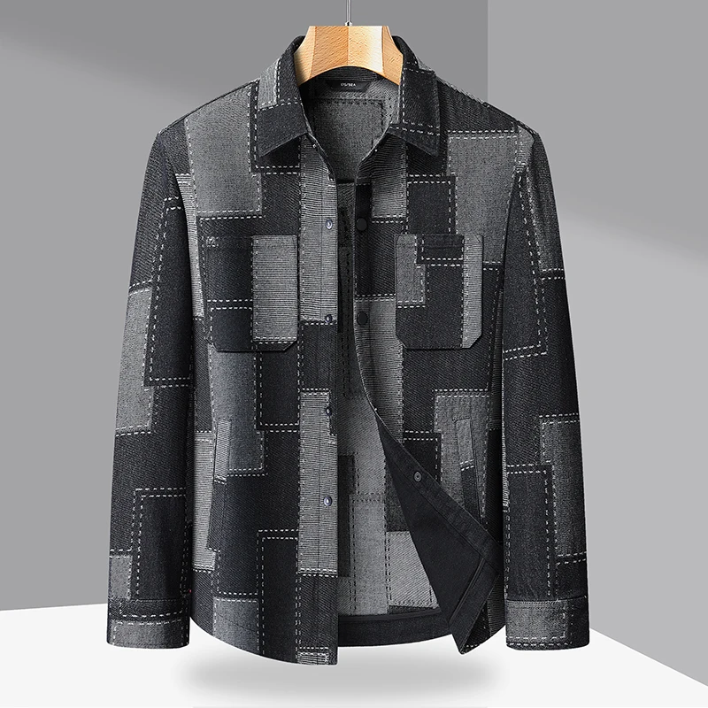 المتضخم L-8XL الرجال منقوشة تصميم الدنيم الستر الشباب شارع العليا ارتداء فضفاض متقلب القطن معطف واحدة الصدر أعلى الملابس