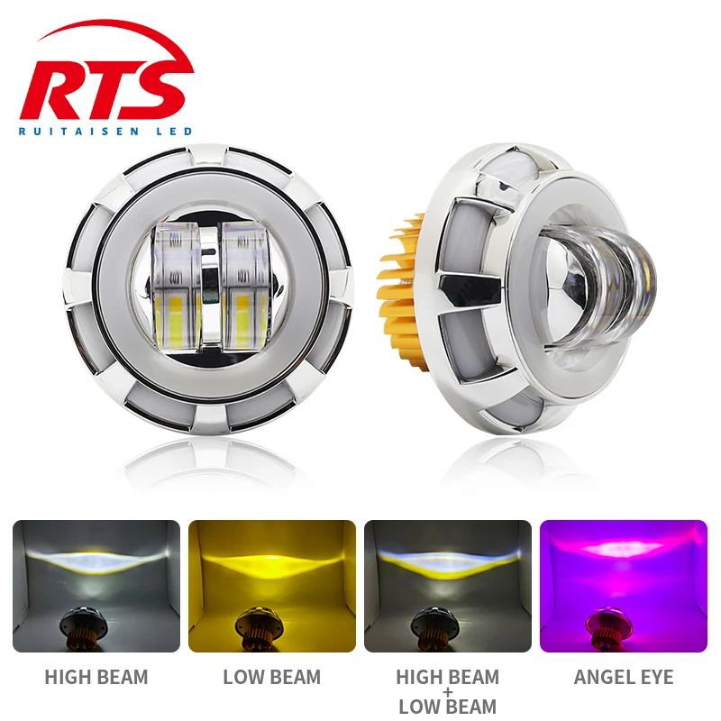 Faro LED de Ojos de Ángel para motocicleta, lente de proyector de haz Alto y Bajo, foco estroboscópico de doble Halo, Faro de conducción