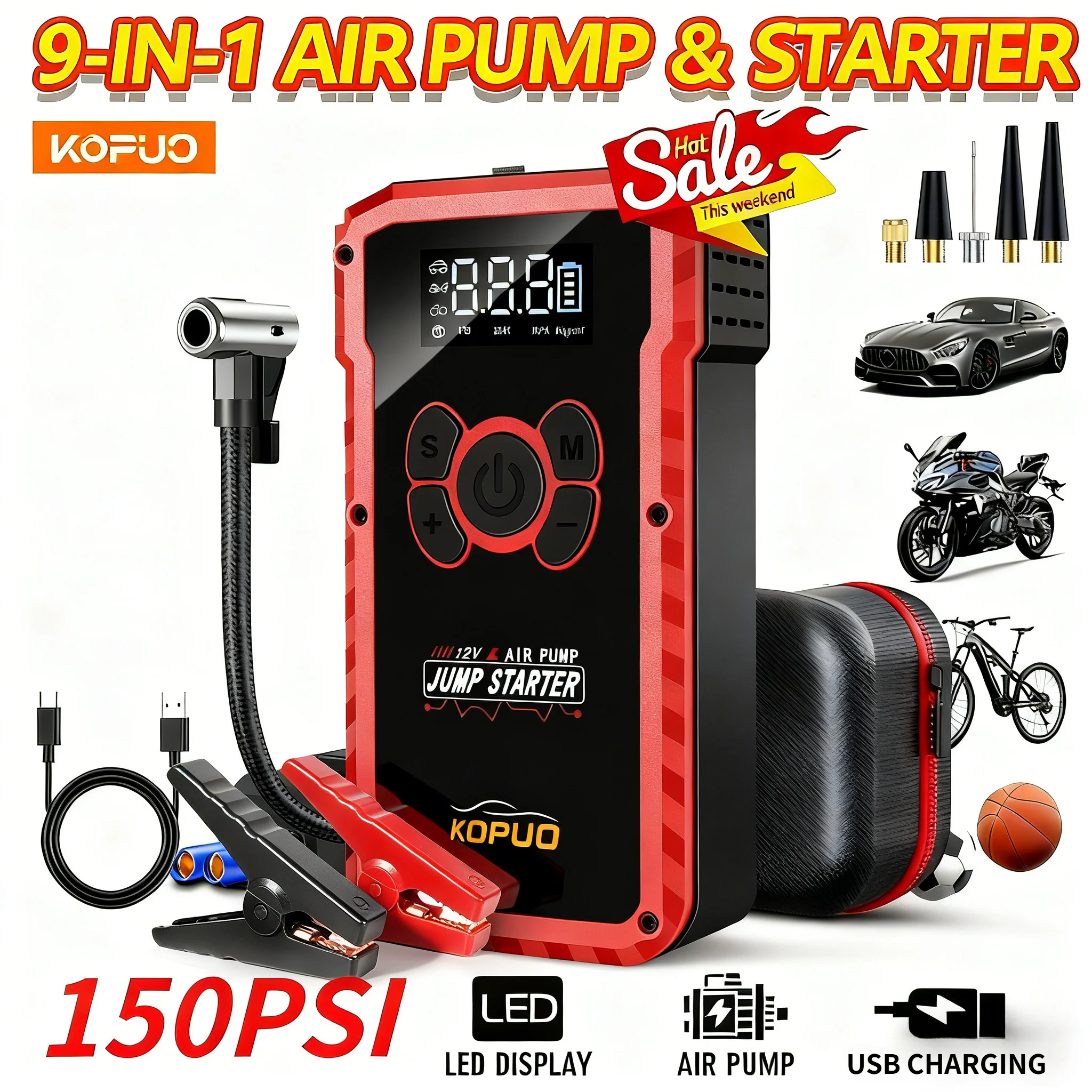 

2000A Car Jump Starter with 150PSI Air Compressor | Portable Power Bank & Car Battery Booster for Emergency