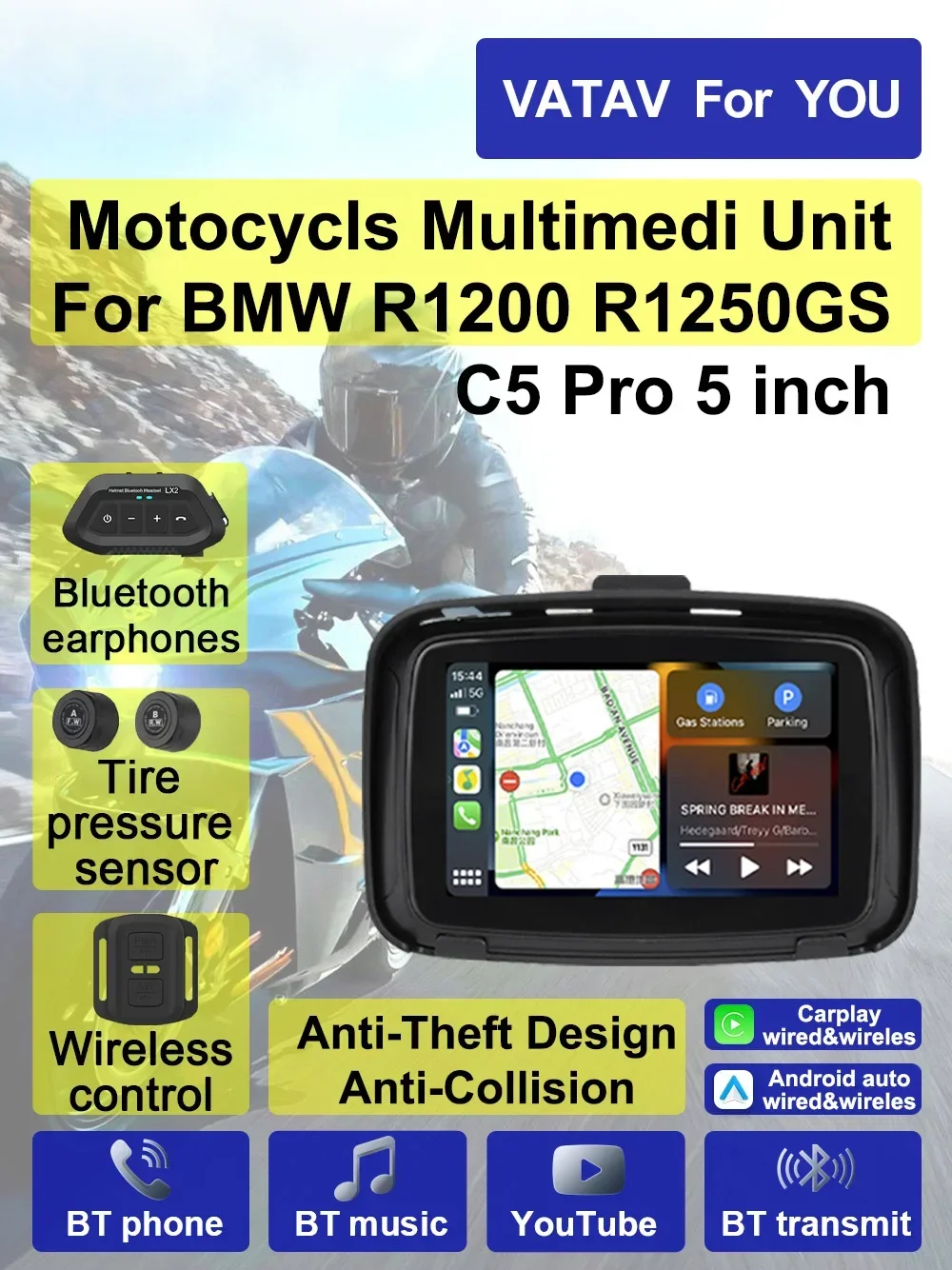 C5 Pro para BMW R1200GS R1250GS USB táctil al aire libre impermeable Sunsceen externo portátil navegador de motocicleta CarPlay Android Auto