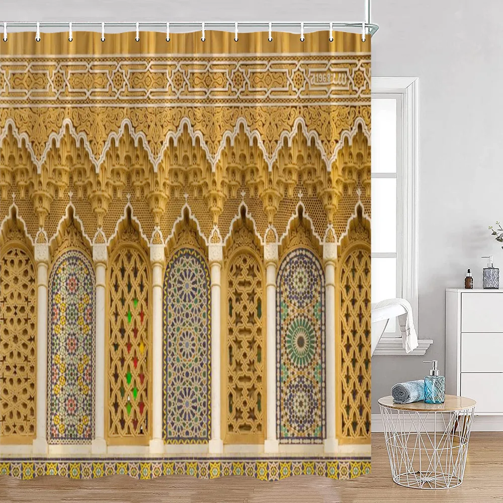 Vintage Moroccan Shower Curtain Ethnic Style Floral Art Retro Architecture Door Bathroom Curtain Polyester Home Decor with Hooks