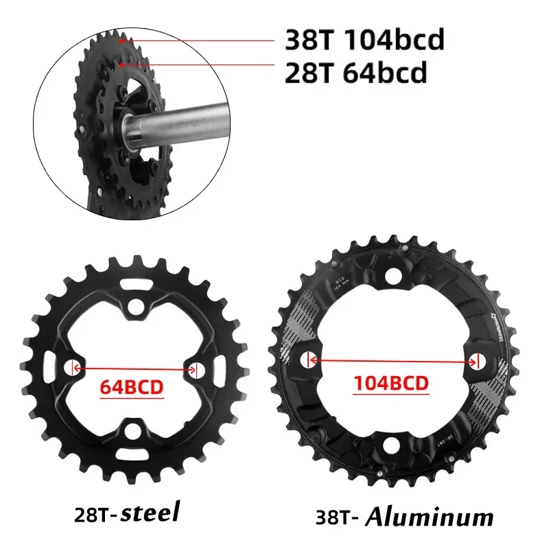 Prowheel 104/64BCD Bicycle Chainring 26T 36T 28T 38T MTB Chainring Double Speed Mountain Bike Chainwheel 104/64 BCD Bike Crown