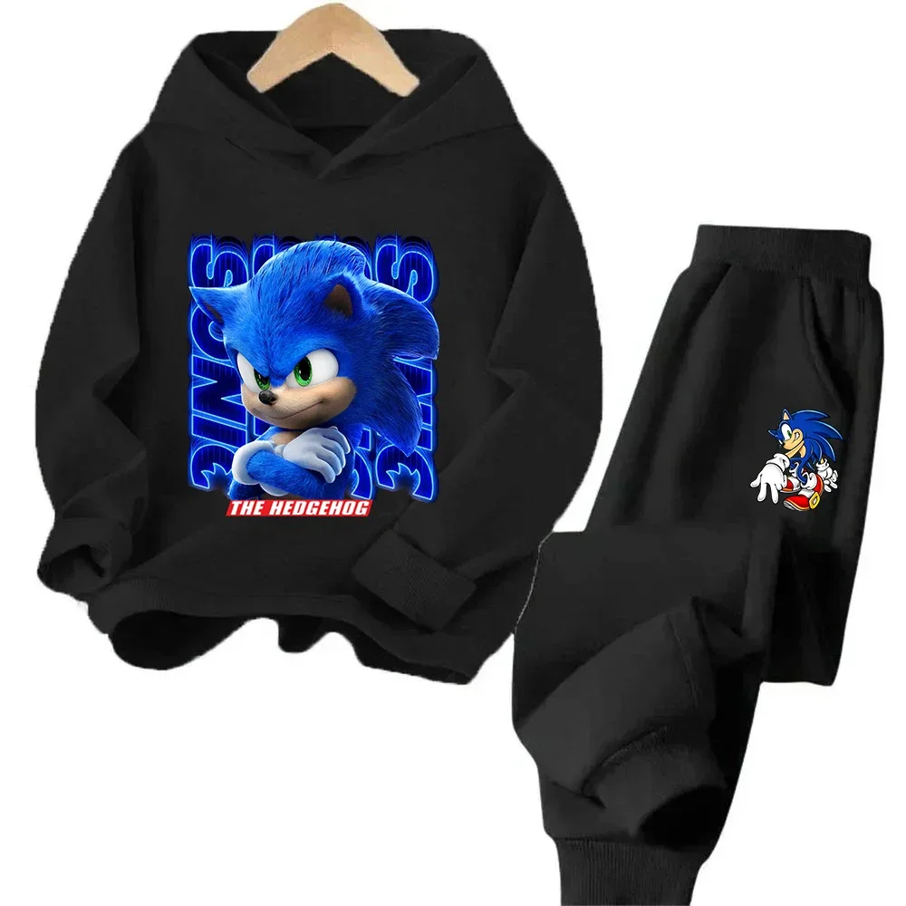 Boys and Girls Aged 3-13 Children's Anime Cartoon Sonic Letter Printed Autumn/Winter Warm Two Piece Hoodie+Pants Sports Set for #1