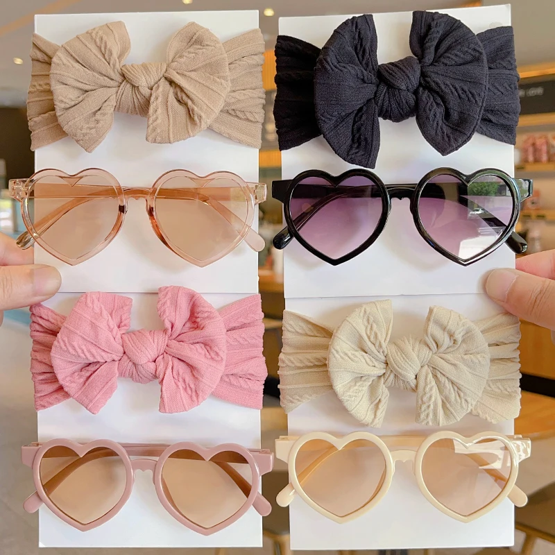 2 Pcs/Set New Children Cute Solid Bowknot Wide Hairbands Heart Sunglasses Hair Bands Baby Girls Headwear Kids Hair Accessories