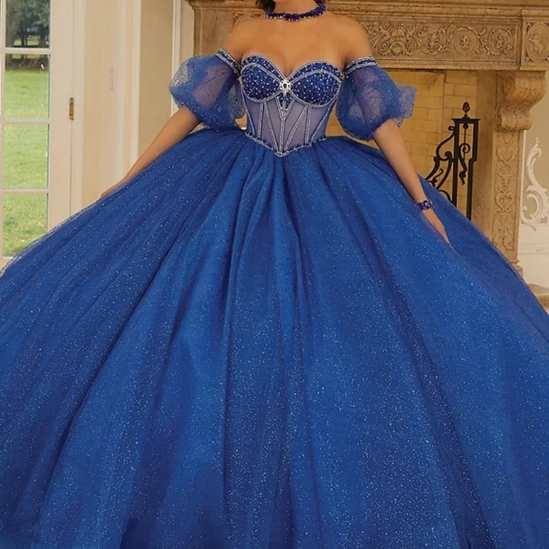 AQ236 Customized Royal Blue Quinceanera Dresses Crystal Illusion Lace Up Ball Gown Women Prom Party Dress Vestido De xv Anos New