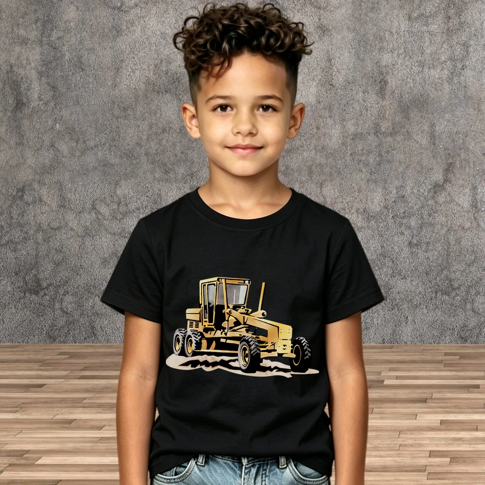 Boys Excavator Printed T-shirt Kids Cartoon Cotton Daily Summer Tops Children Shirt