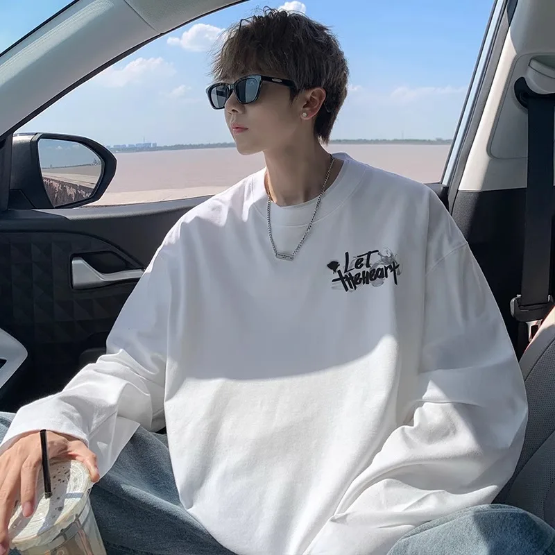 

Loose Fit Long Sleeve round Neck White Cotton Base Shirt American Trendy Brand Men's Hoodie Printed Casual Streetwear