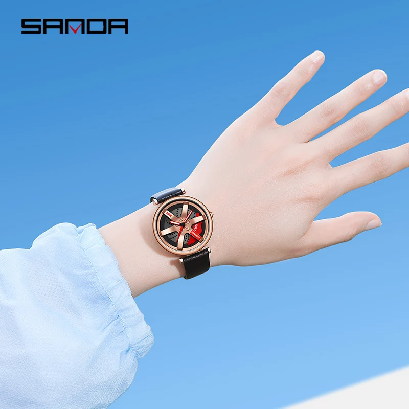 SANDA Fashion Rose Gold Steel Band Quartz Women Watch Outdoor Sports Watch 360° Rotating Dial Design 2023 New Reloj Mujer P1068
