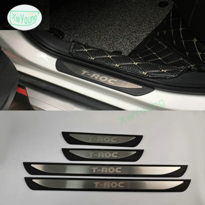 

4PCS ABS Plastic And Stainless Steel Car Door Sill Pedals Scuff Plate Cover For 2018-2021 Volkswagen VW T-ROC Car Accessorie