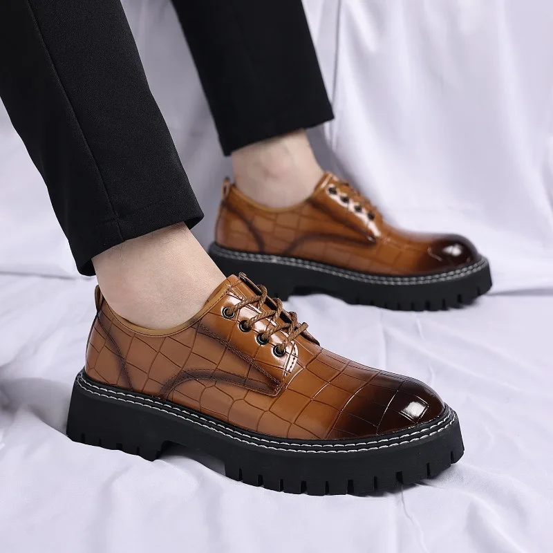 Men's Boots Style Thick Bottom Round Toe Low Cut Casual Leather Shoes Business Casual Versatile Heightening Korean Ver...