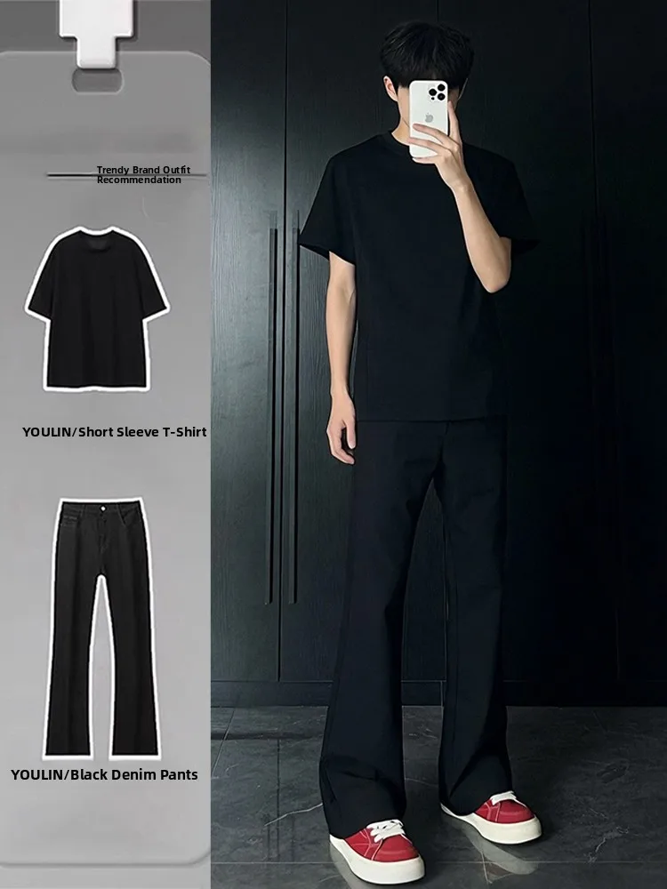 

Cleanfit Black Advanced Stylish Men's Summer Outfit T-Shirt And Long Pants Slim Fit Jeans Fashionable Teenage Set Short Sleeve