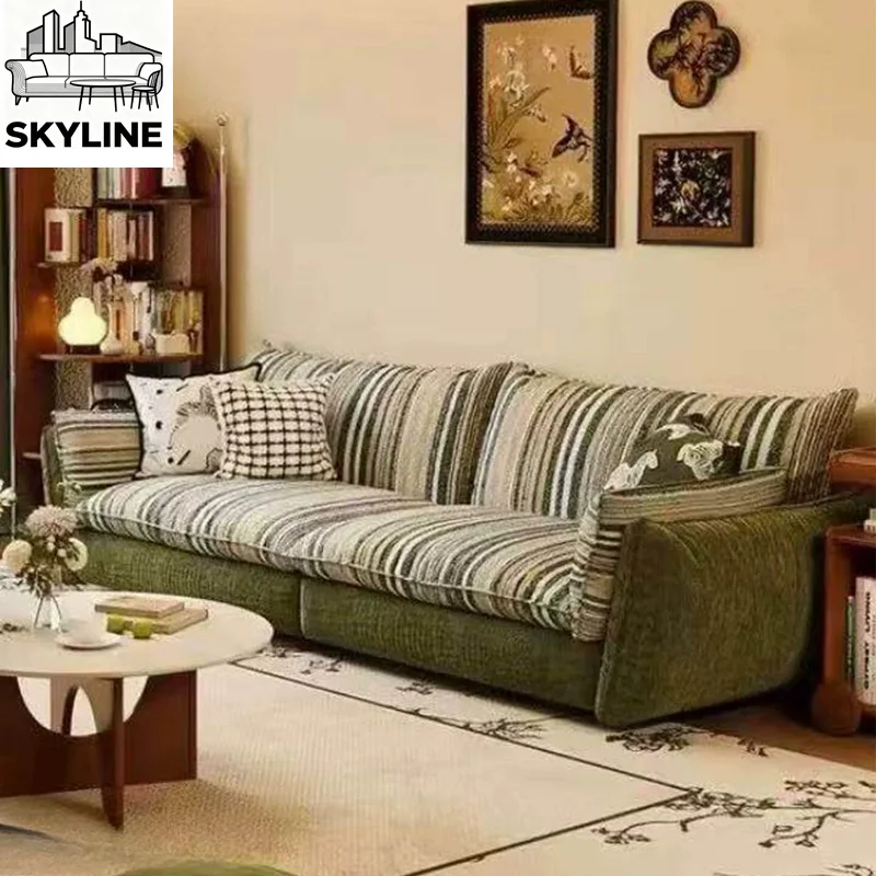 Striped fabric sofa retro green chenille three-person full dismantling and washing color matching living room