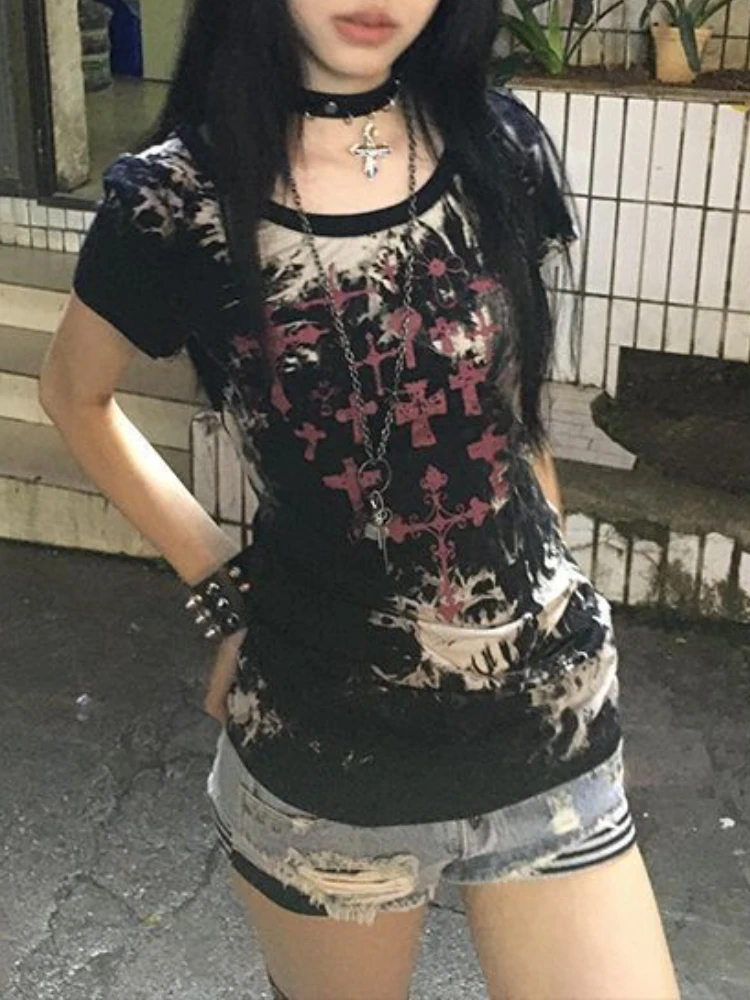 Camisetas de manga corta Y2k de subcultura americana para mujer, novedad de verano, Camiseta corta ajustada con estampado, ropa informal Grunge estética