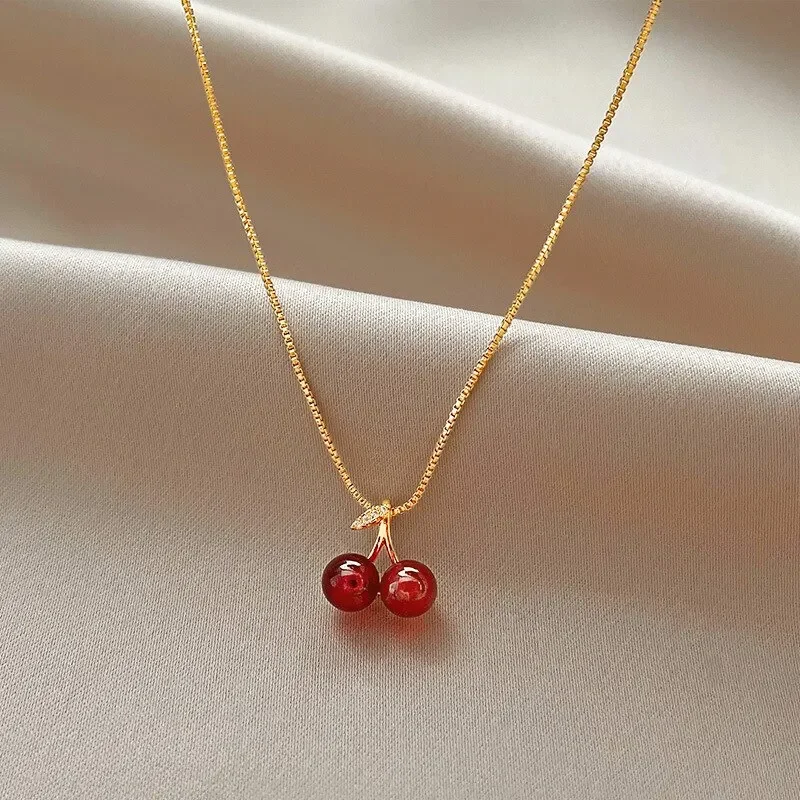 

Little Wine Red Cherry Pendant Necklaces For Women Fashion Personality Fruit Golden Chain Necklace Party Jewelry Birthday Gifts