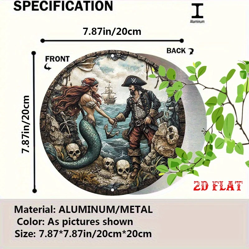 2D Flat 1pc Mermaid Round Aluminum Sign, Ship'S Anchor Metal Tin Sign - Pirate Rustic Metal Wall Art, Skeleton Metal Wall Art De
