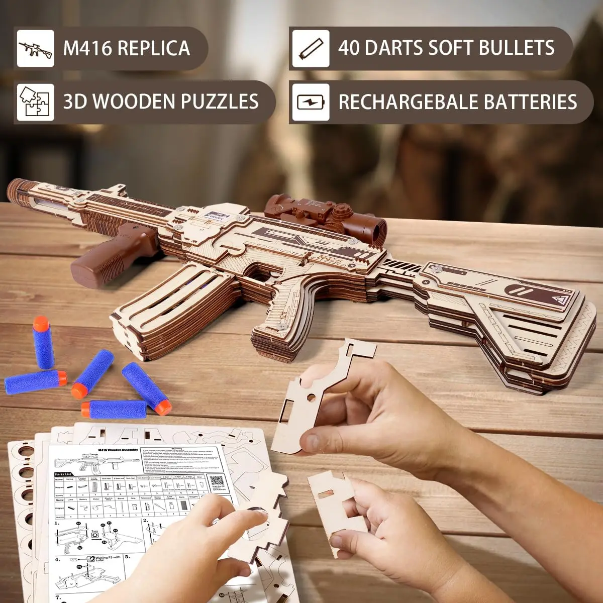 VATOS 3D Wooden Gun Puzzles for Kids Adult with Foam Soft Bullet Electric Wooden M416 Model Rifle Guns Toy DIY Building Gift Boy
