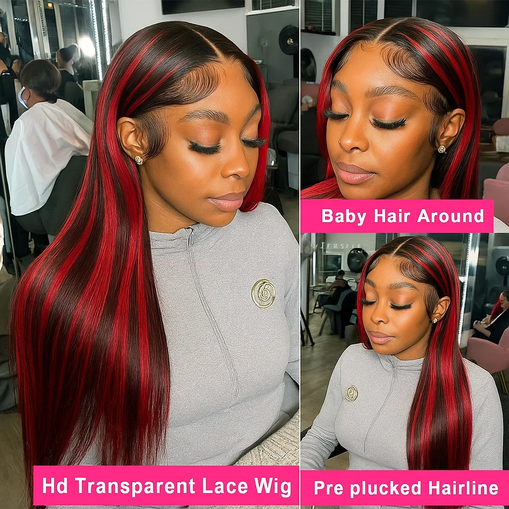 Parrucca per capelli anteriori in pizzo trasparente con densità 200% Rosso Nero dritto 5x5 Parrucche per capelli briziliani in pizzo frontale senza colla per le donne