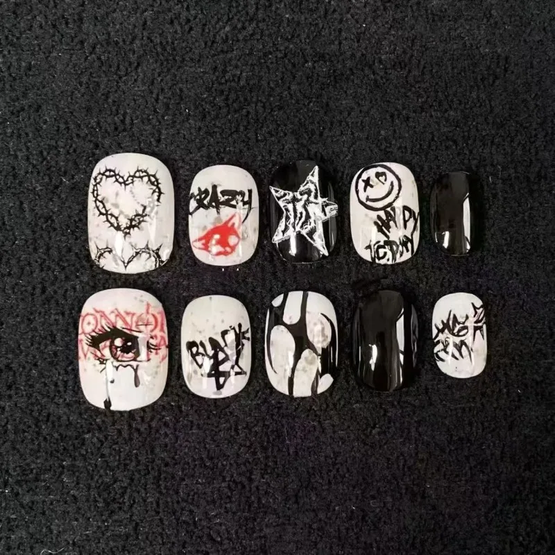 24PCS Grunge Goth Graffiti Short Square False Nails Thorn Heart Eye Smiley Print  Dark Press on Nails Y2K Wearable Nail Tips Art