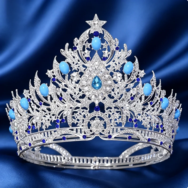 

Star Crystal Pageant Crown Gold Plated Full Round Tiara for Bridal Wedding Prom Queen Party Headpiece