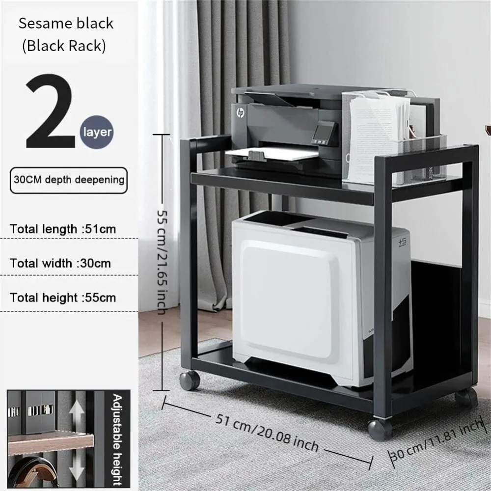 2-Tier Multi-Functional Printer Rack with 4 wheels Double Layer Storage Office Use Thickened Movable Rack Mobile Desktop Computer Tower Stand for CPU Holder