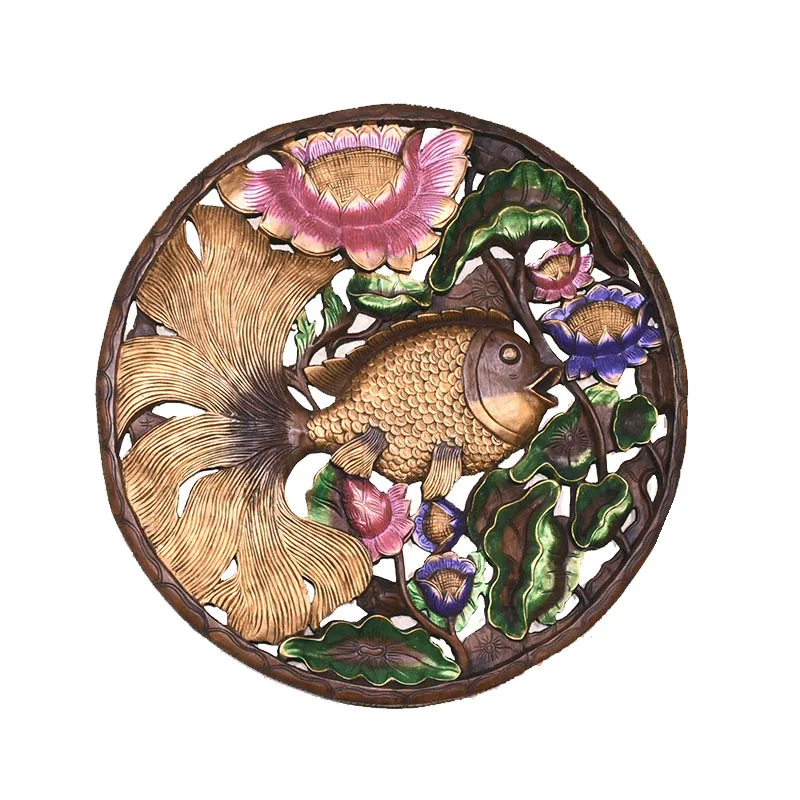 Wood carving pendants: Southeast Asian style lotus and carp carved panels, decorative decorations for hotel clubhouse living