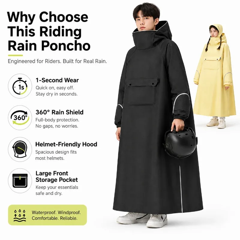 Women's Full Length Waterproof Rain Poncho for Electric Scooter One-Piece Hooded Riding Raincoat Large Pocket for E-Bike Use