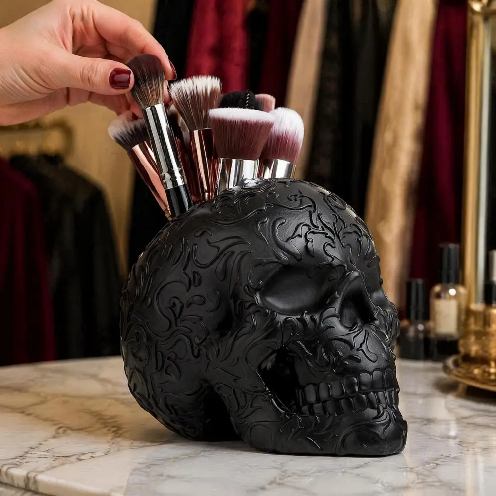 Dark Storage Halloween Skull Makeup Brush Holder Skeleton Pen Organizer Spooky Resin Storage Figurine for Desk Home Decor Black