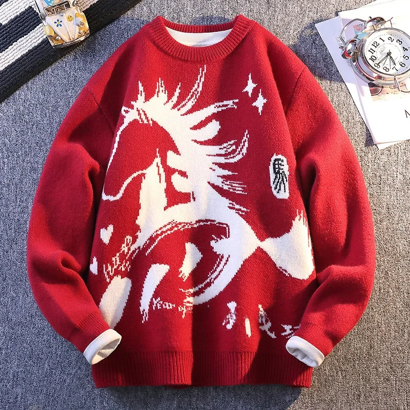 

Новинка 2023 года, мужской вязаный свитер, зимняя одежда для пар, красный трикотаж для подростков и молодых взрослых, теплый и сли