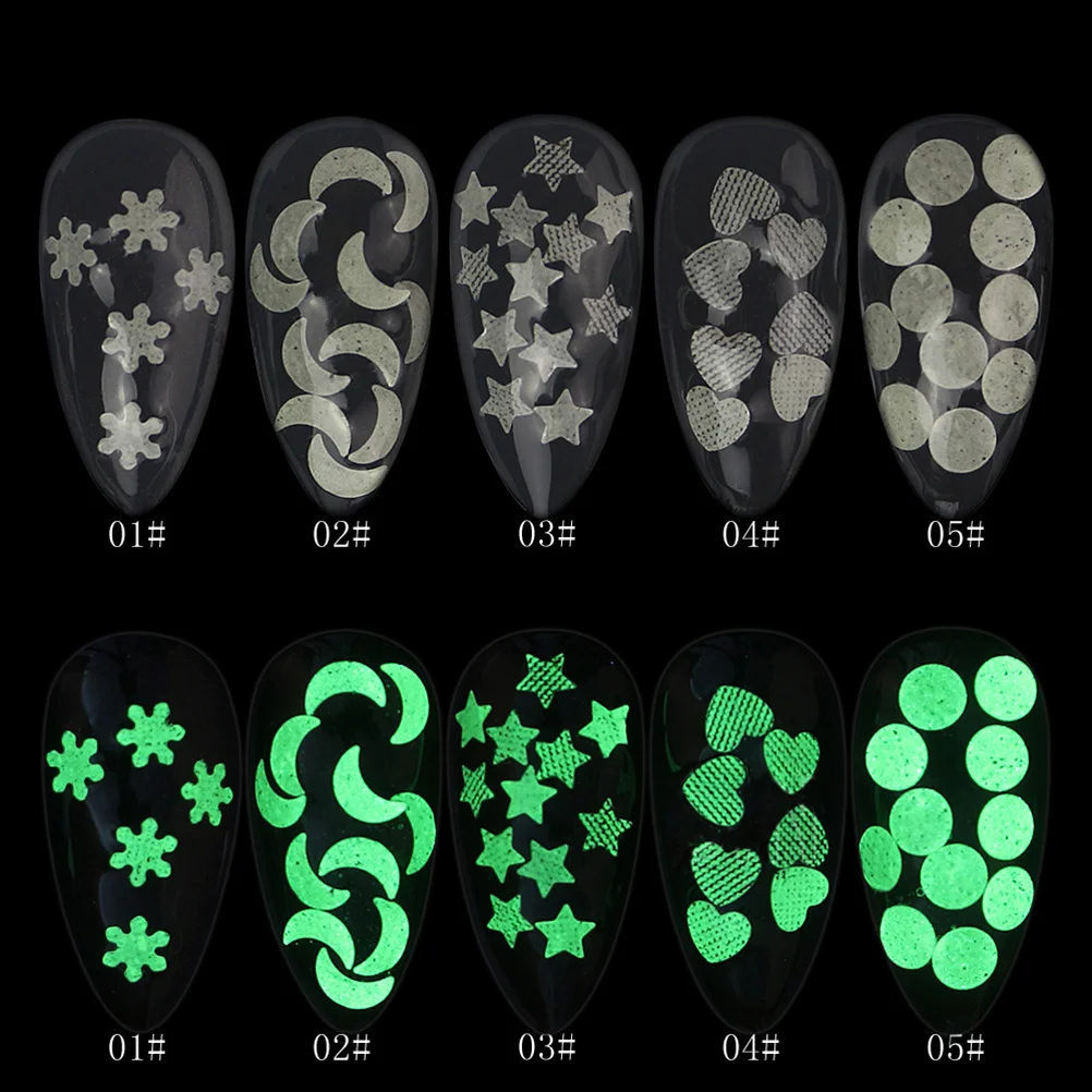 

1 set Luminous Sequin Nail Stickers Set Star Moon Heart Design Glitter Nail Art Decor For Diy Manicure Waterproof Adhesive Tips