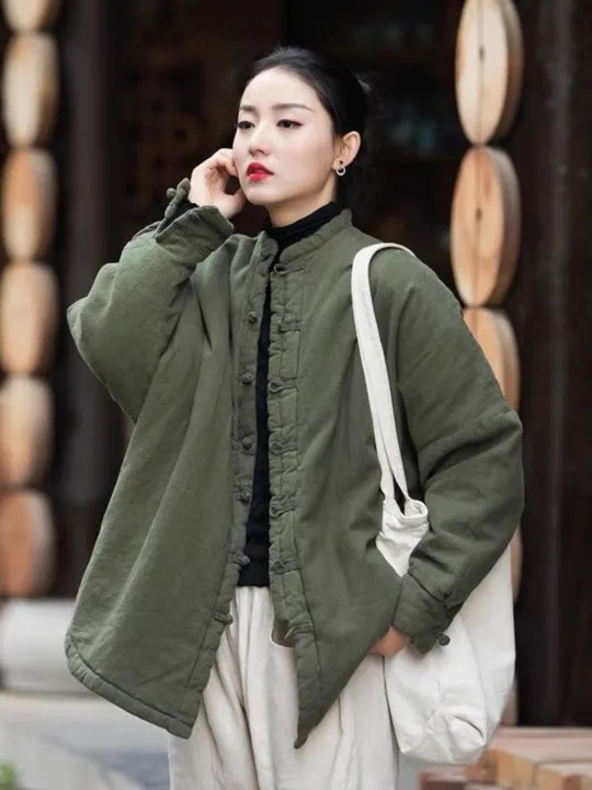 

Handmade Cotton Linen Women's Jaet Vintage Collar Button Thiened Mid-Length Coat Long Sve Color Winter Outerwear