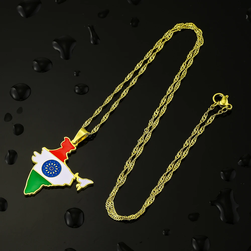 Fashion India Map Flag Pendant Necklace Stainless Steel Gold Siover Color Men Women Ethnic Maps Jewelry Gift