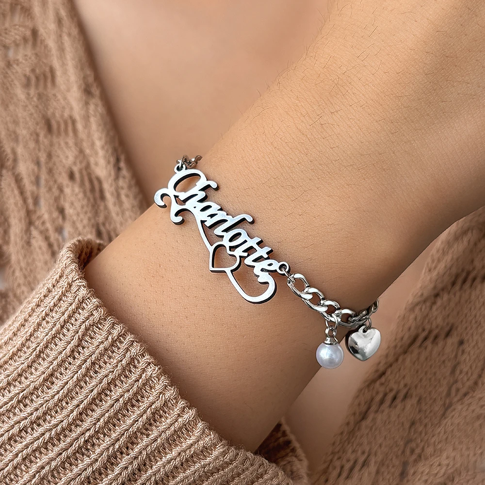 Personalized Name Bracelet Stainless Steel Handmade Nameplate Imitation Pearl Heart Bracelet Women's Men's Holiday Gift