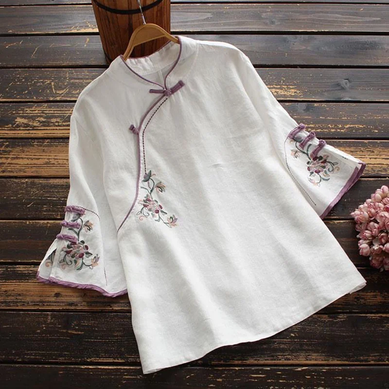 Hanfu Spring Vintage Embroidery Lace Patchwork Cotton and Linen Shirt Women Loose Chinese Style Buckle Top Female Casual Blouse