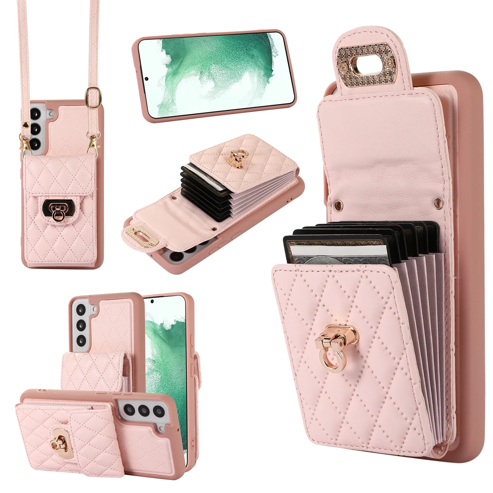 Lanyard Rope Wallet Card Bag Pu Leather Case For Samsung Galaxy S20 S21 FE S22 S23 Plus Ultra TPU Frame Cover phone case