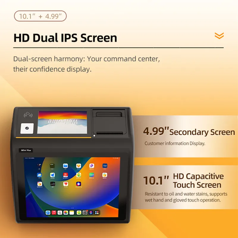 Mesin Kasir Layar Sentuh 10.1 inci untuk Restoran Supermarket dengan Pemindai WIFI Bluetooth dan Printer Struk Termal 58mm Terintegrasi