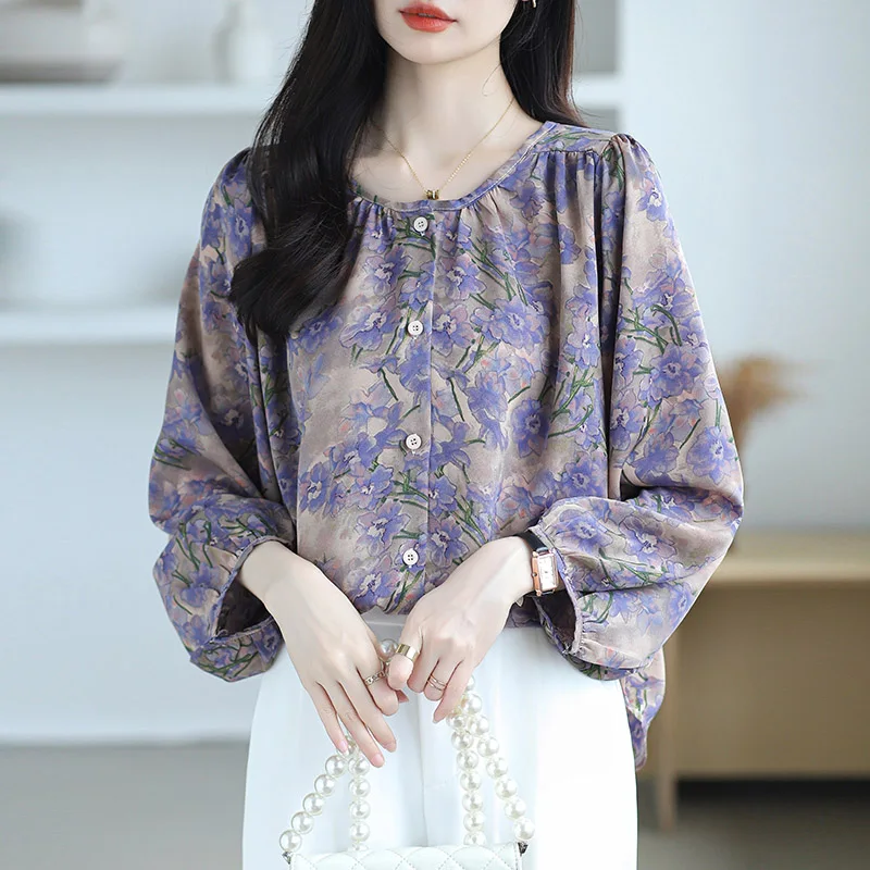 Women\'s Clothing French Chic Pretty Flower Print Shirt Spring Autumn Casual Loose O-neck Lantern Sleeve Blouses Office Lady Tops