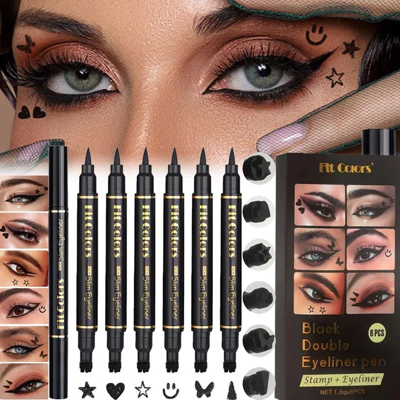 6-teiliges Flüssig-Eyeliner-Stempelstift-Set, wasserfest, schnelltrocknend, doppelseitig, schwarz, Herz- und Sternstempel, Eyeliner für den Augenansatz, Make-up