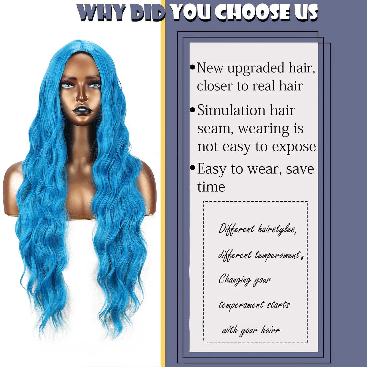 Blue Long Wave Wig Synthetic High Heat Resistant Material Daily Wear Wig Cosplay Wig