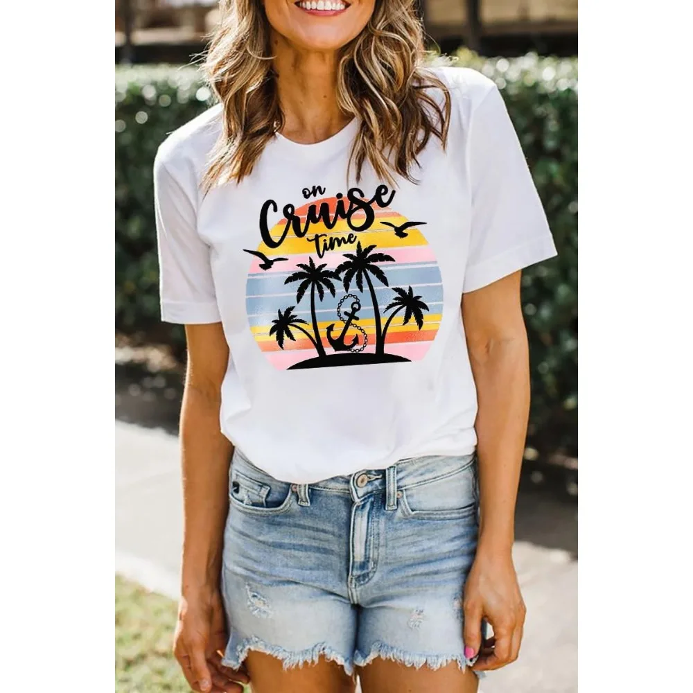 On Cruise Time T-Shirt Women Coconut Tree Graphic 100% COTTON Tees Summer Vacation Shirt Beach Praty Tops Family Cruise Shirts