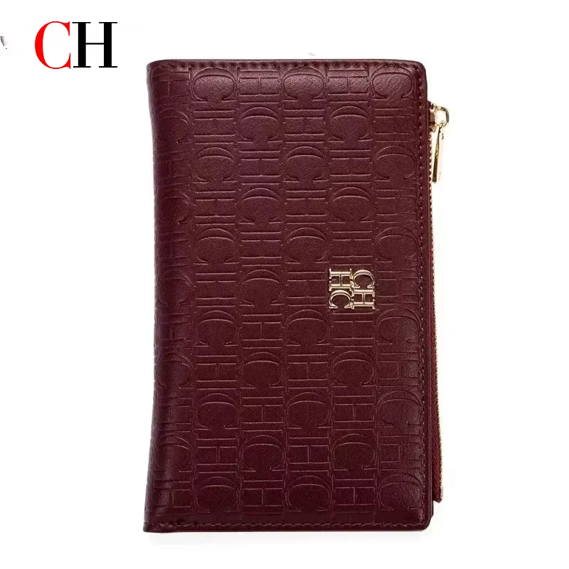 Cartera Mediana para Mujer con Patrón en Relieve CH, Monedero con Cremallera, Múltiples Ranuras para Tarjetas, Cartera de Cuero para Damas, Bolsillo para Billetes y Tarjetas